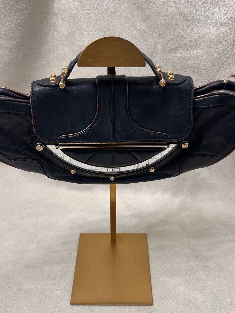 Fendi Vintage Zucca Vanity Mirror Clutch Black Leather